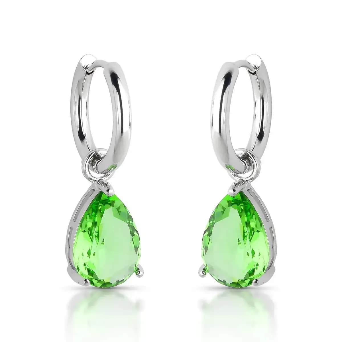 BRINCO ARGOLA CLICK PÊNDULO GEMA GOTA GRANDE — Ban. Ródio Branco / Verde claro
