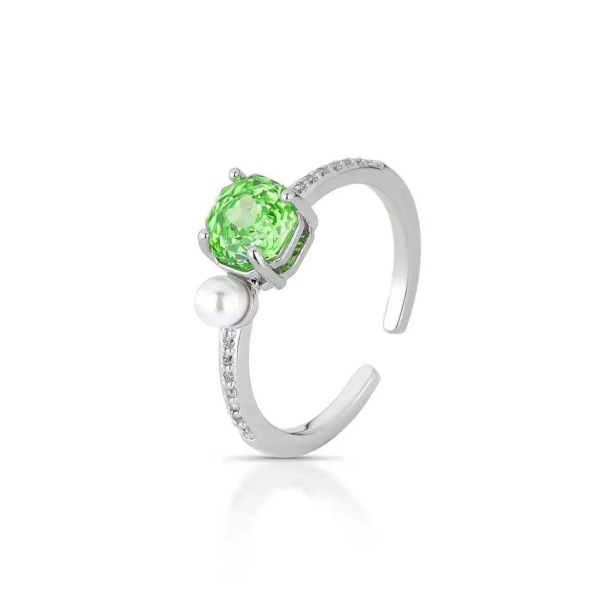 ANEL DUO CIRCLE COM ZIRCÔNIA CENTRAL ROSETA CRAVEJADO - AJUSTÁVEL — Ban. Ródio Branco / Regulável / Verde Lima