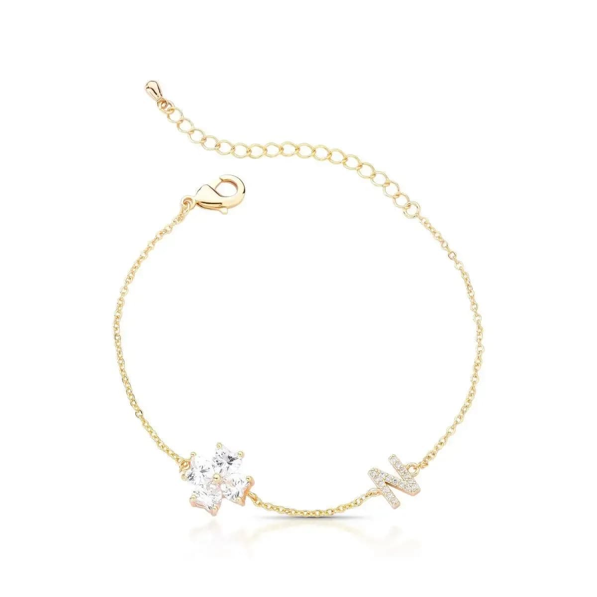 PULSEIRA DELICADA TREVO COM INICIAL CRAVEJADO COM ZIRCÔNIAS — Ban. Dourado / 16 cm + 5 cm de extensor