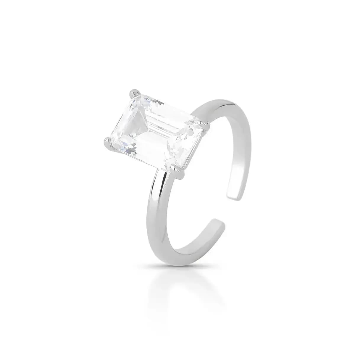 ANEL SOLITÁRIO ELARA ZIRCÔNIA RETANGULAR 10MM AJUSTÁVEL — Ban. Ródio Branco / Regulável
