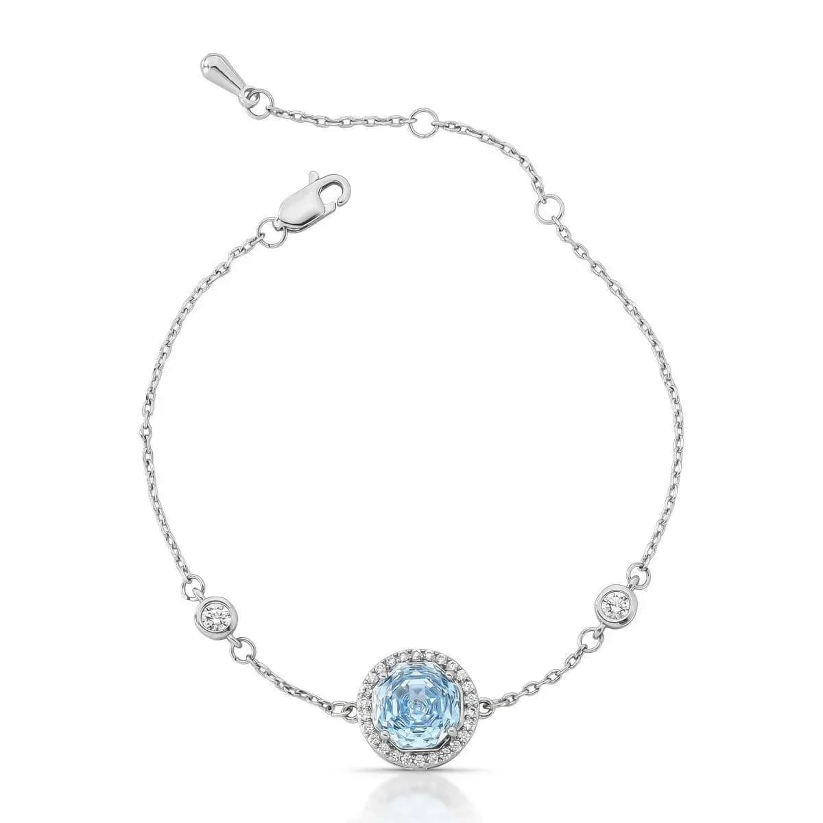 PULSEIRA PONTO DE LUZ ROSE GLOW — Ban. Ródio Branco / 14 cm + 3 cm de extensor / Azul claro