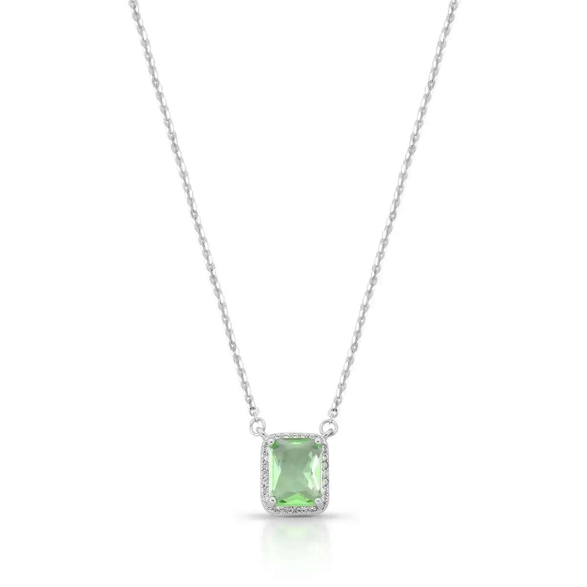 COLAR DELICADO RETÂNGULO — Ban. Ródio Branco / 40 Cm / Verde claro