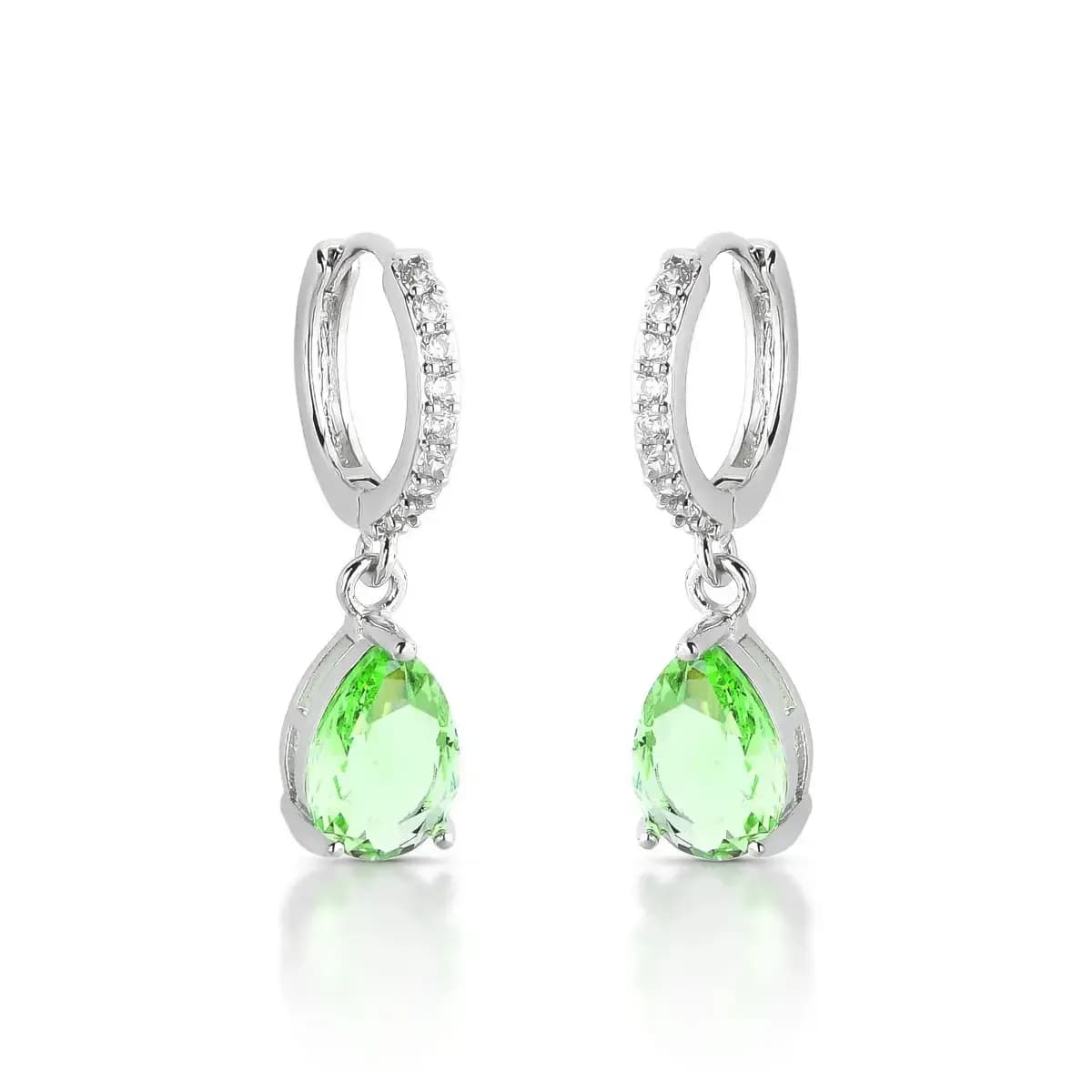 BRINCO ARGOLA CLICK PÊNDULO GEMA GOTA PEQUENA — Ban. Ródio Branco / Verde claro