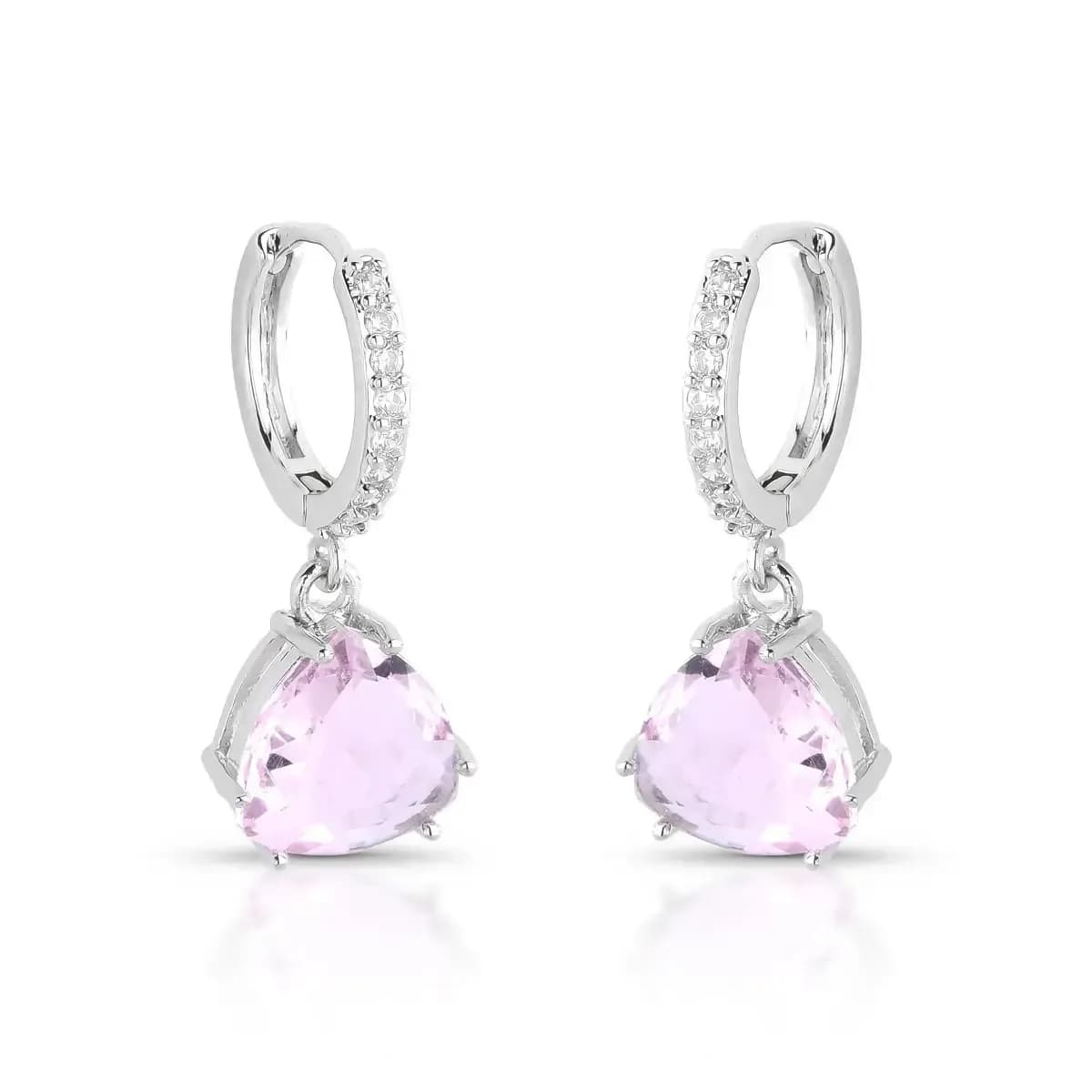 BRINCO ARGOLA CLICK PÊNDULO GEMA TRIÂNGULO — Ban. Ródio Branco / Rosa claro