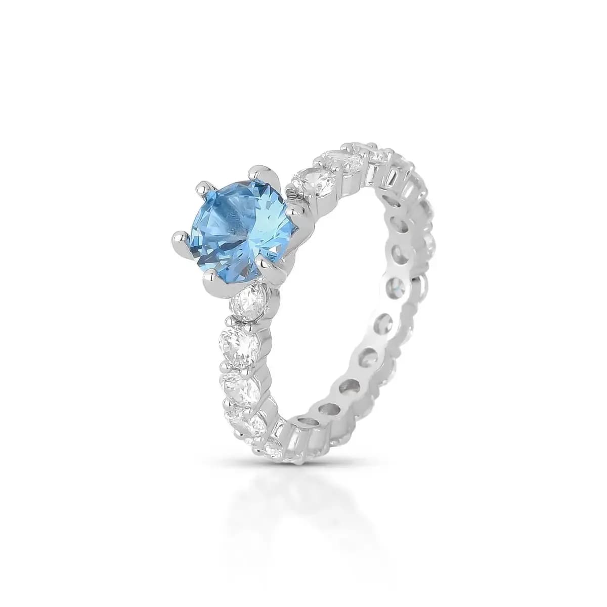 ANEL DELICADO TRÊS PÉROLAS SHELL — Ban. Ródio Branco / 18 / Azul claro