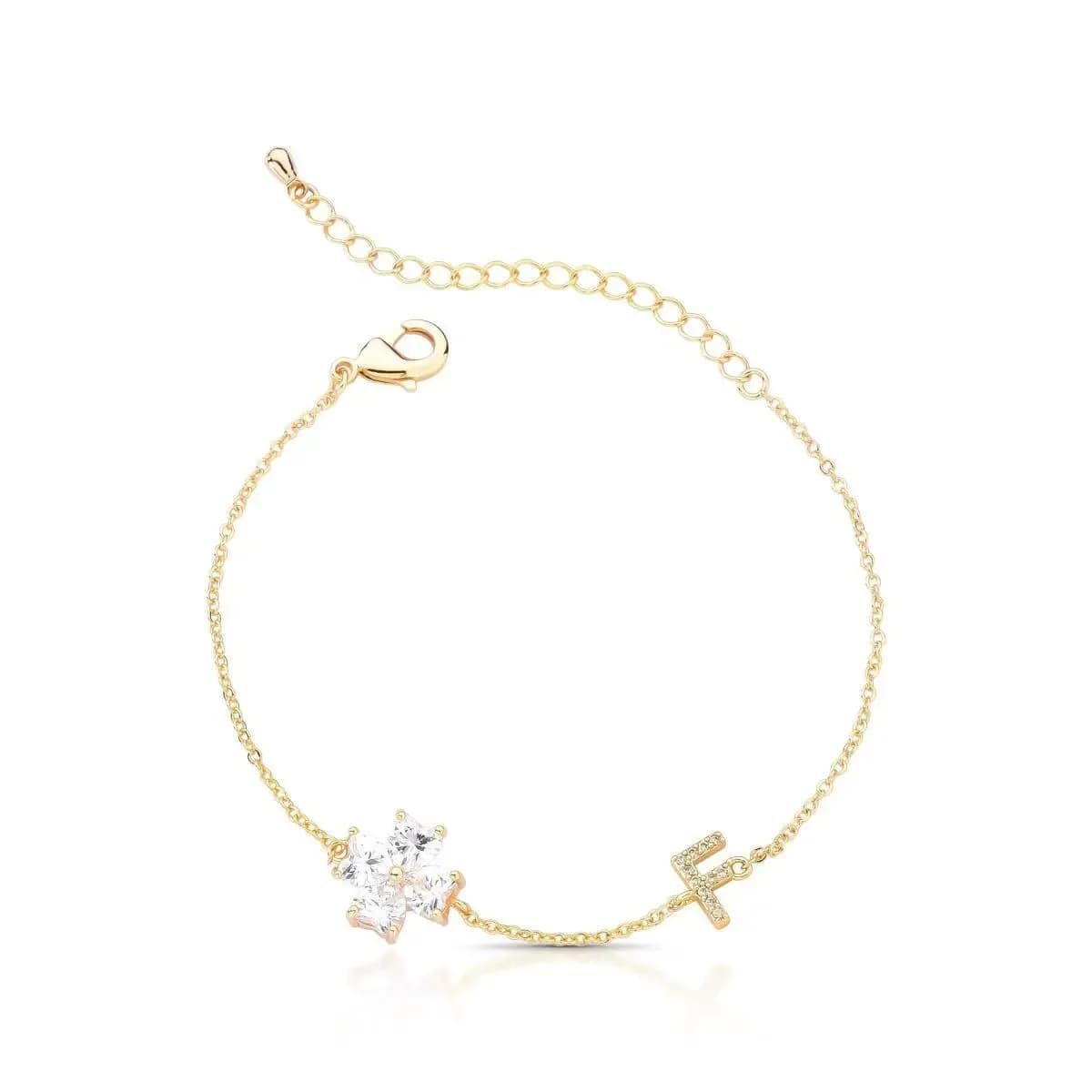 PULSEIRA DELICADA TREVO COM INICIAL CRAVEJADO COM ZIRCÔNIAS — Ban. Dourado / 16 cm + 5 cm de extensor / F